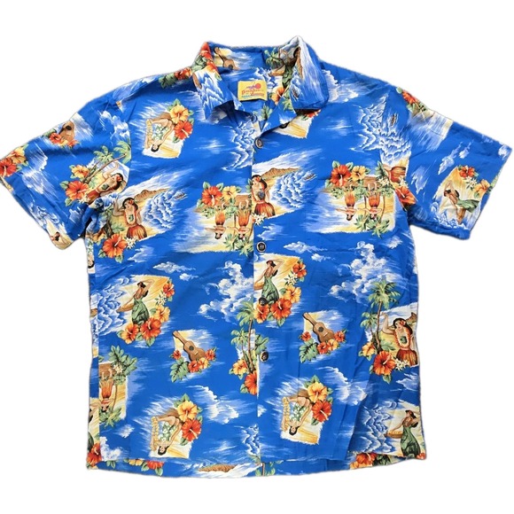 Vintage Paradise on a Hanger Hawaiian Shirt XL Blue Cotton Made USA Camp Shirt - Picture 1 of 8